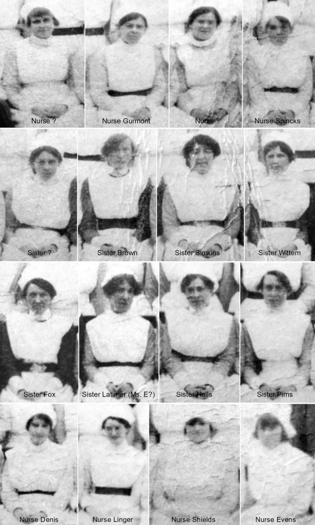 c1919: Essex County Hospital Staff - Front row nurses, left to right.